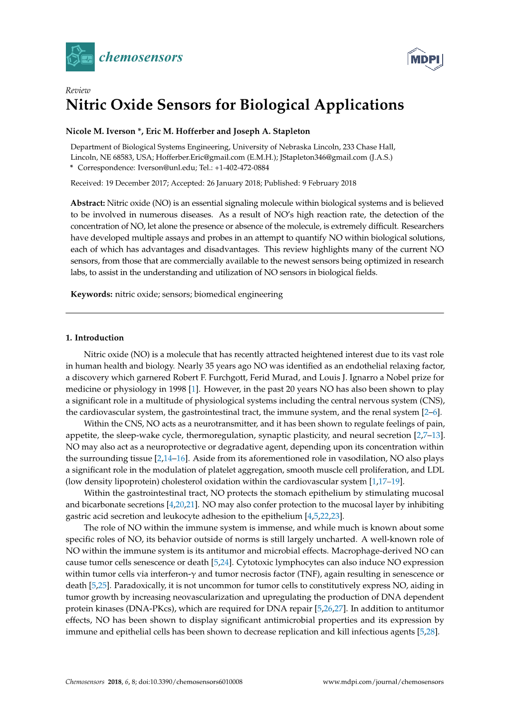 Nitric Oxide Sensors for Biological Applications