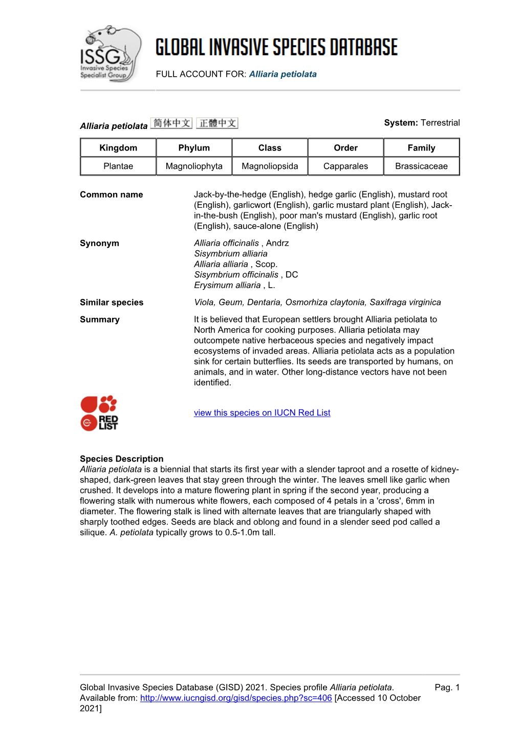 Alliaria Petiolata Global Invasive Species Database (GISD)