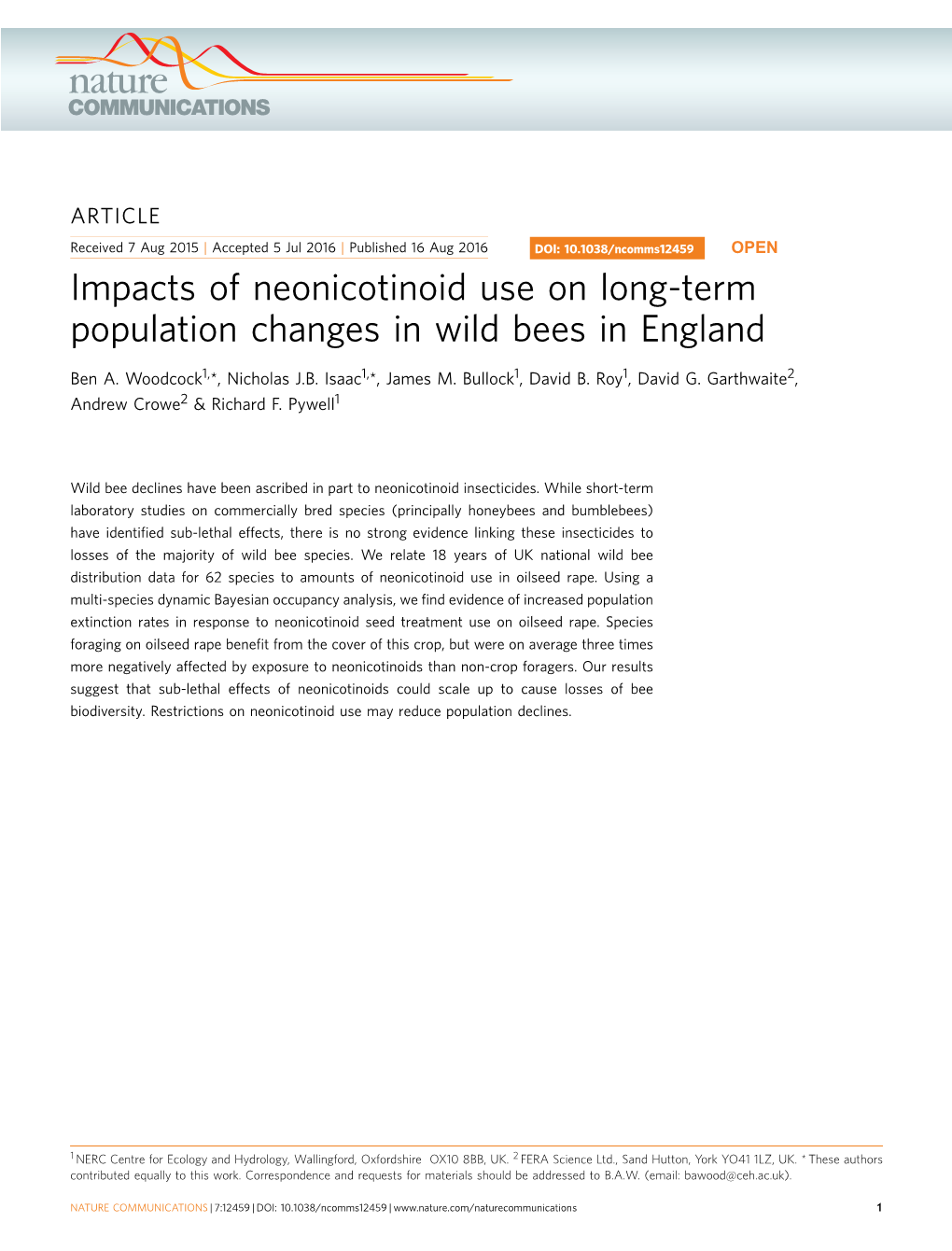 Impacts of Neonicotinoid Use on Long-Term Population Changes in Wild Bees in England