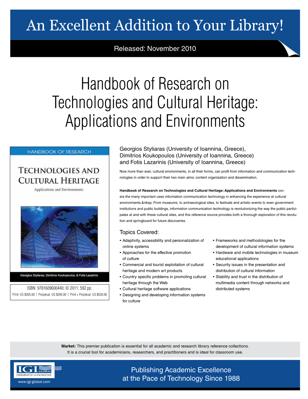 Handbook of Research on Technologies and Cultural Heritage: Applications and Environments