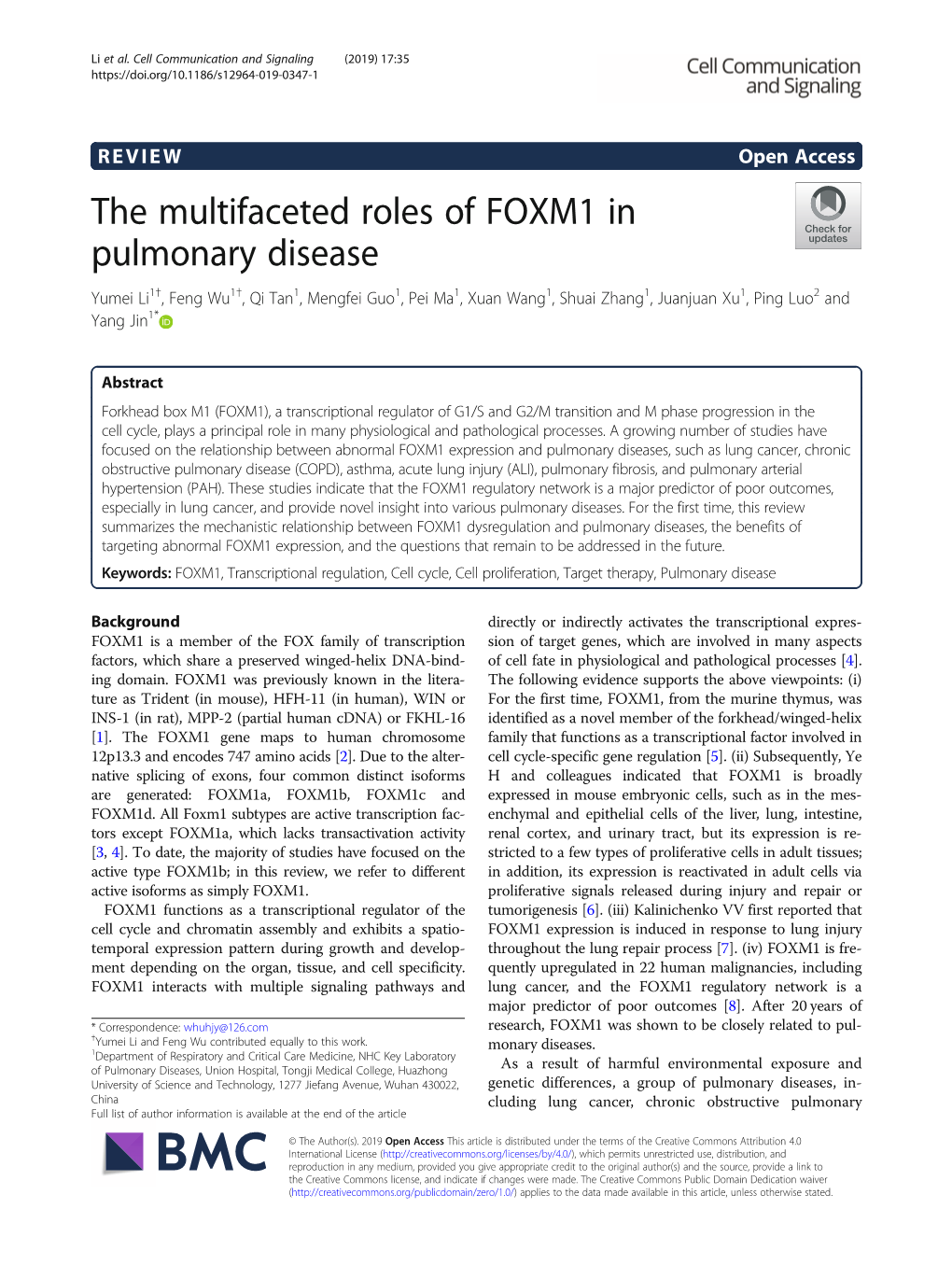 The Multifaceted Roles of FOXM1 in Pulmonary Disease