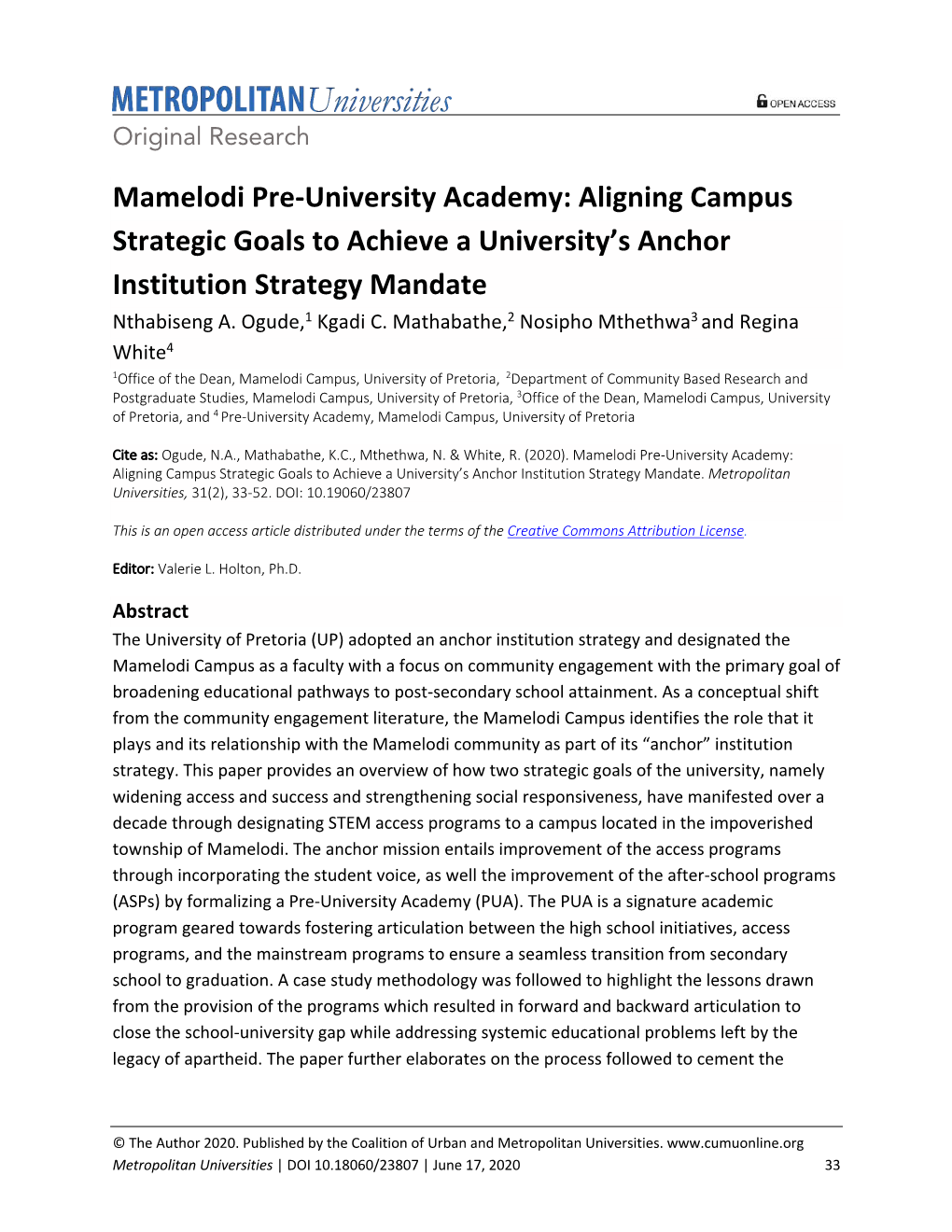 Mamelodi Pre-University Academy: Aligning Campus Strategic Goals to Achieve a University’S Anchor Institution Strategy Mandate Nthabiseng A