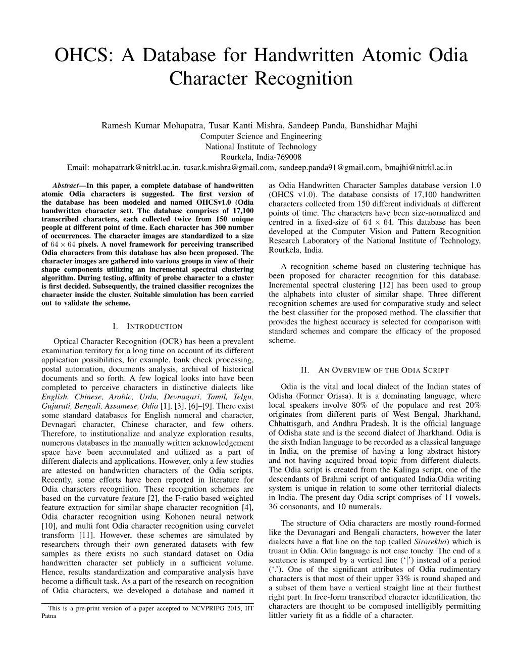 OHCS: a Database for Handwritten Atomic Odia Character Recognition