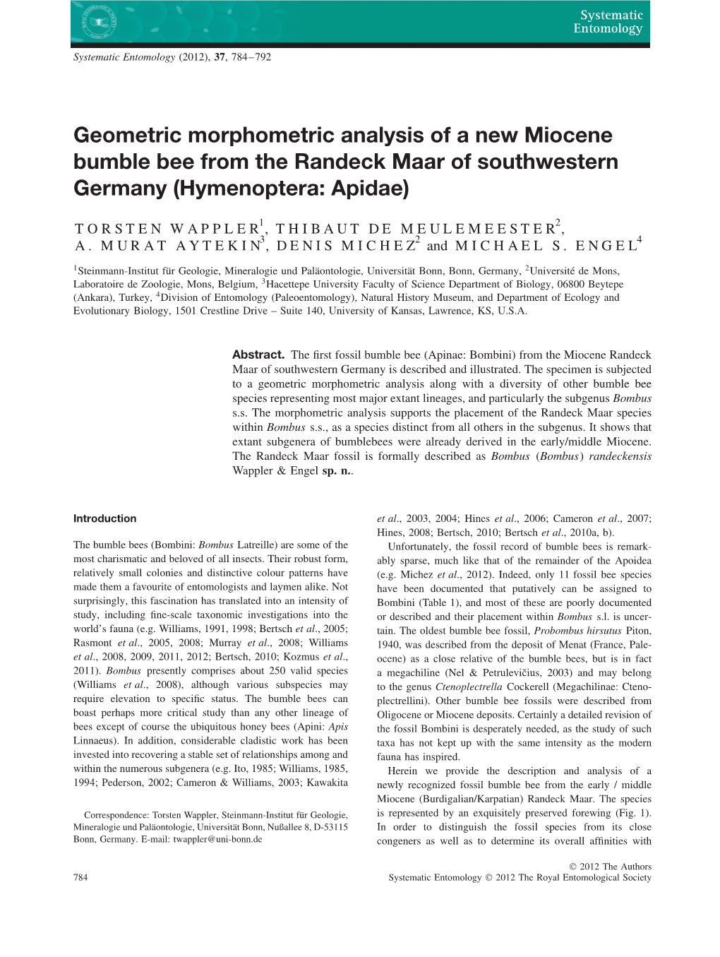 Geometric Morphometric Analysis of a New Miocene Bumble Bee from the Randeck Maar of Southwestern Germany (Hymenoptera: Apidae)