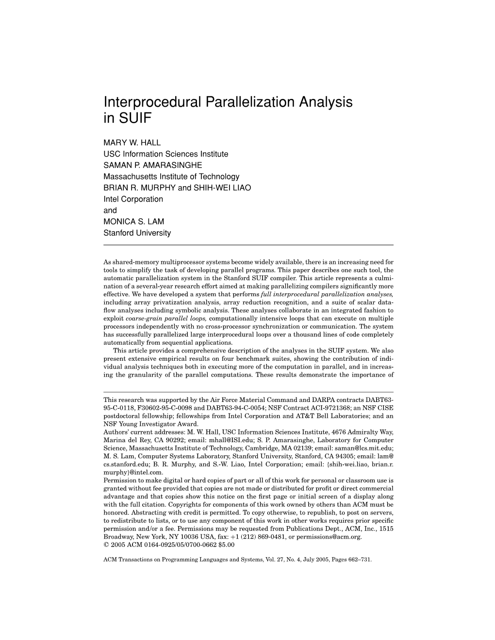 Interprocedural Parallelization Analysis in SUIF