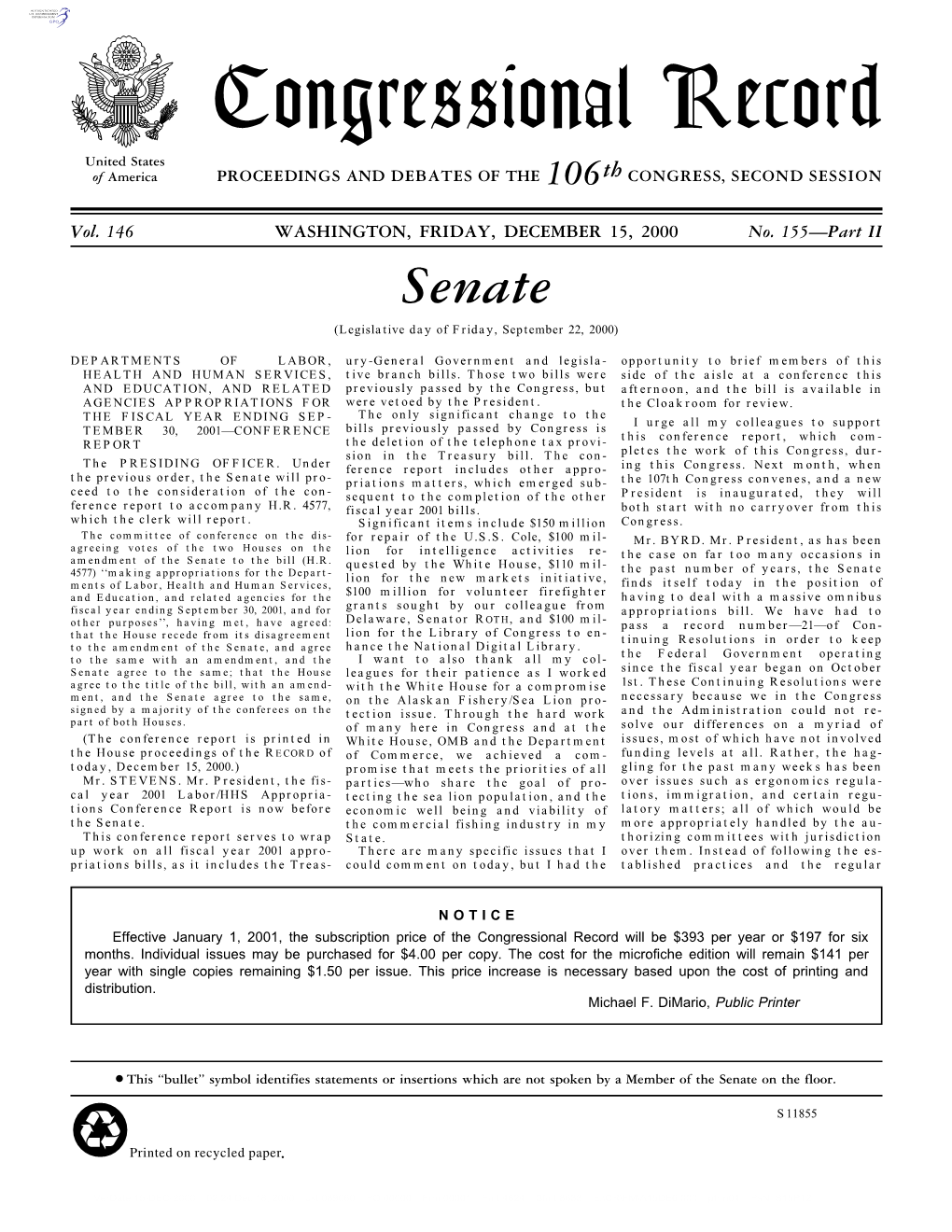 Senate (Legislative Day of Friday, September 22, 2000)