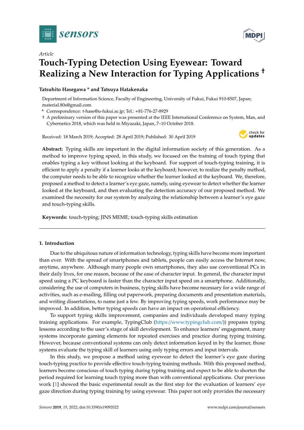 Touch-Typing Detection Using Eyewear: Toward † Realizing a New Interaction for Typing Applications