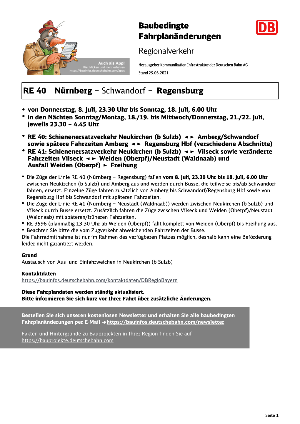 Baubedingte Fahrplanänderungen Regionalverkehr RE 40 Nürnberg