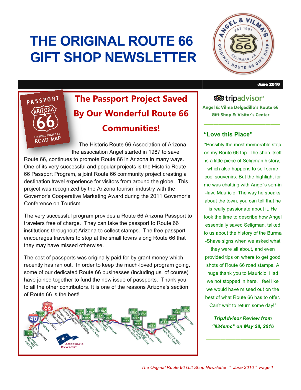 The Original Route 66 Gift Shop Newsletter