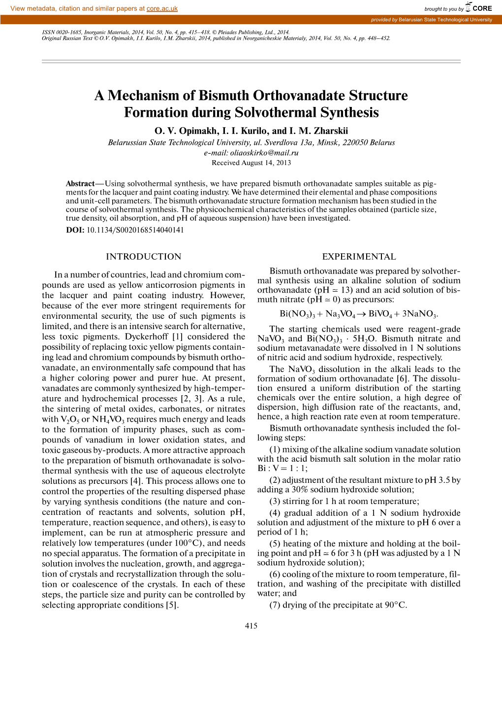 A Mechanism of Bismuth Orthovanadate Structure Formation During Solvothermal Synthesis O