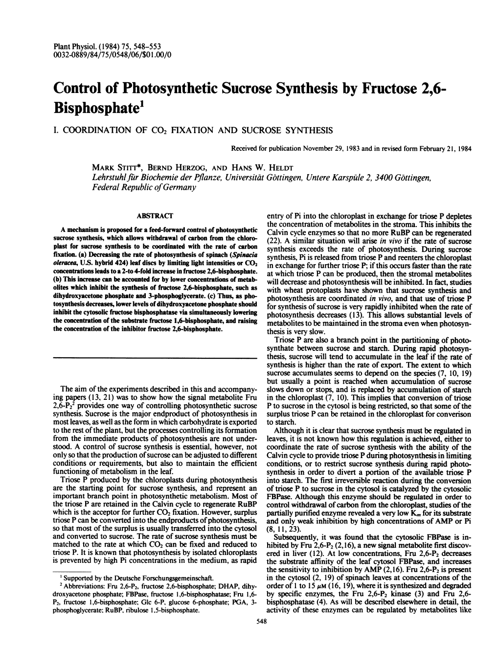 Control of Photosynthetic Sucrose Synthesis by Fructose 2,6- Bisphosphatel I