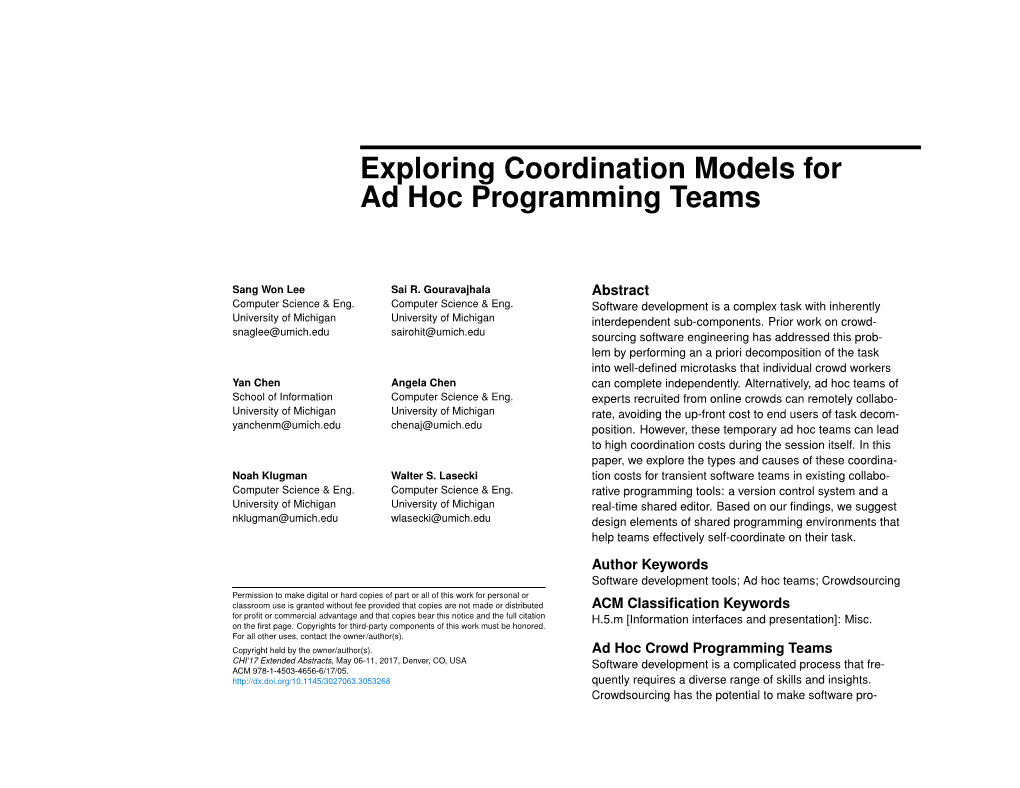 Exploring Coordination Models for Ad Hoc Programming Teams