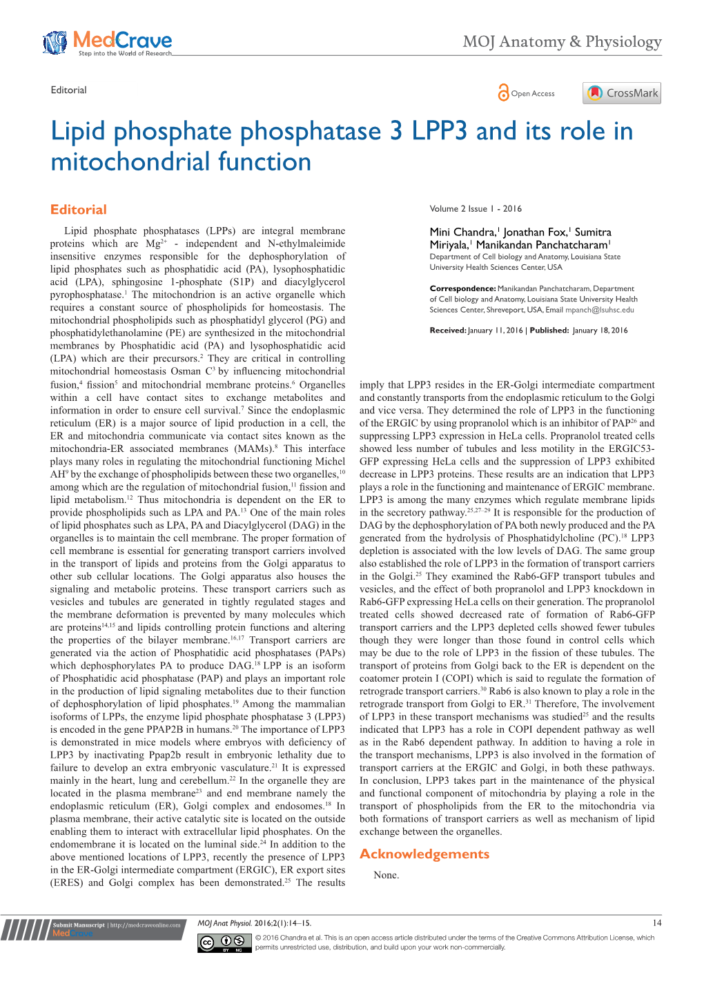 Lipid Phosphate Phosphatase 3 LPP3 and Its Role in Mitochondrial Function