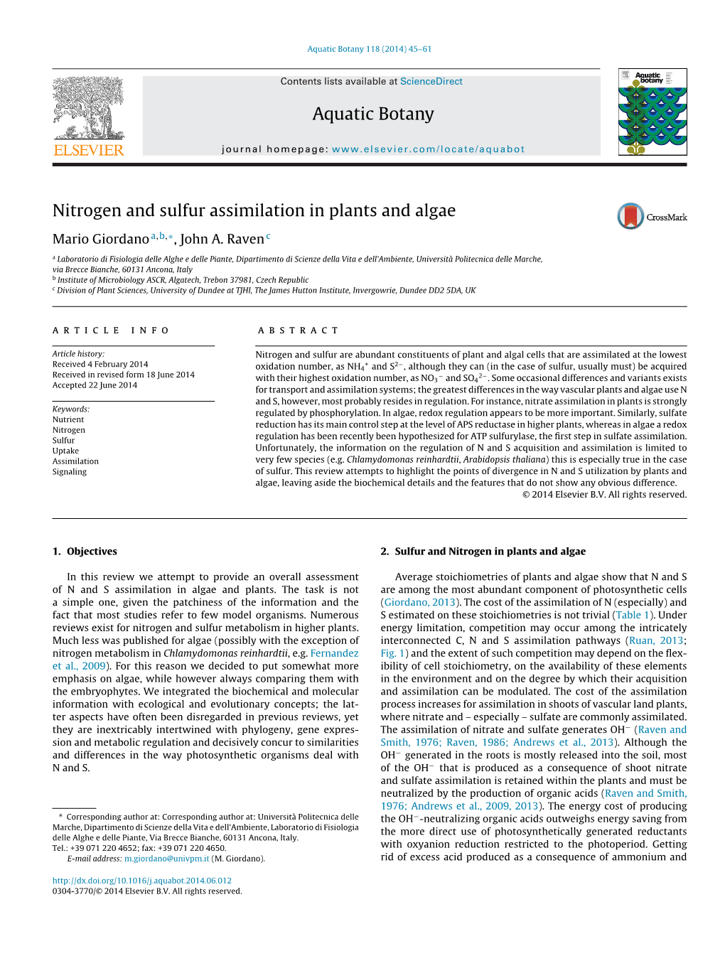 Nitrogen and Sulfur Assimilation in Plants and Algae