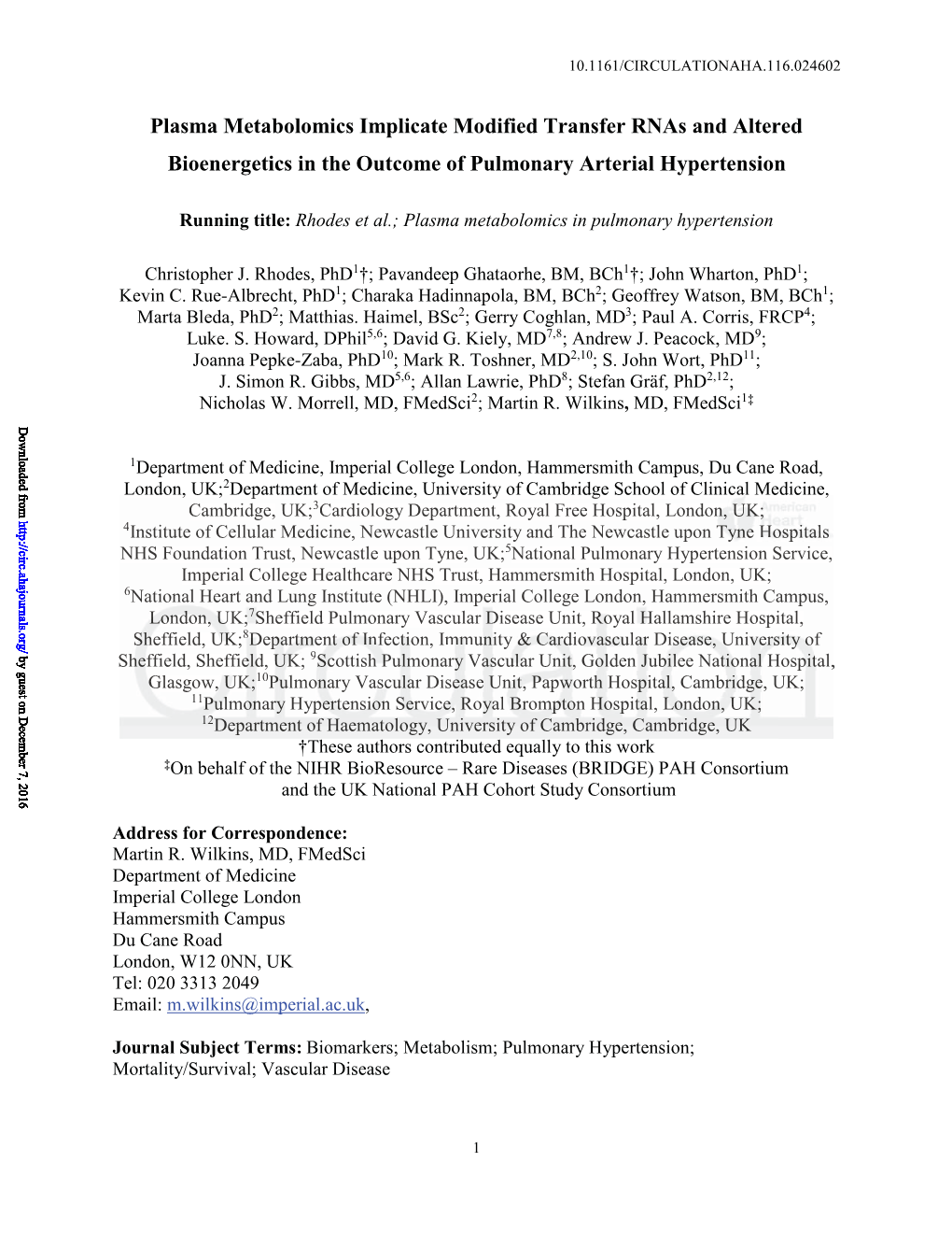 Plasma Metabolomics in Pulmonary Hypertension