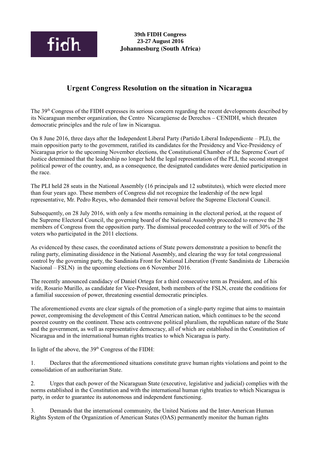Urgent Congress Resolution on the Situation in Nicaragua