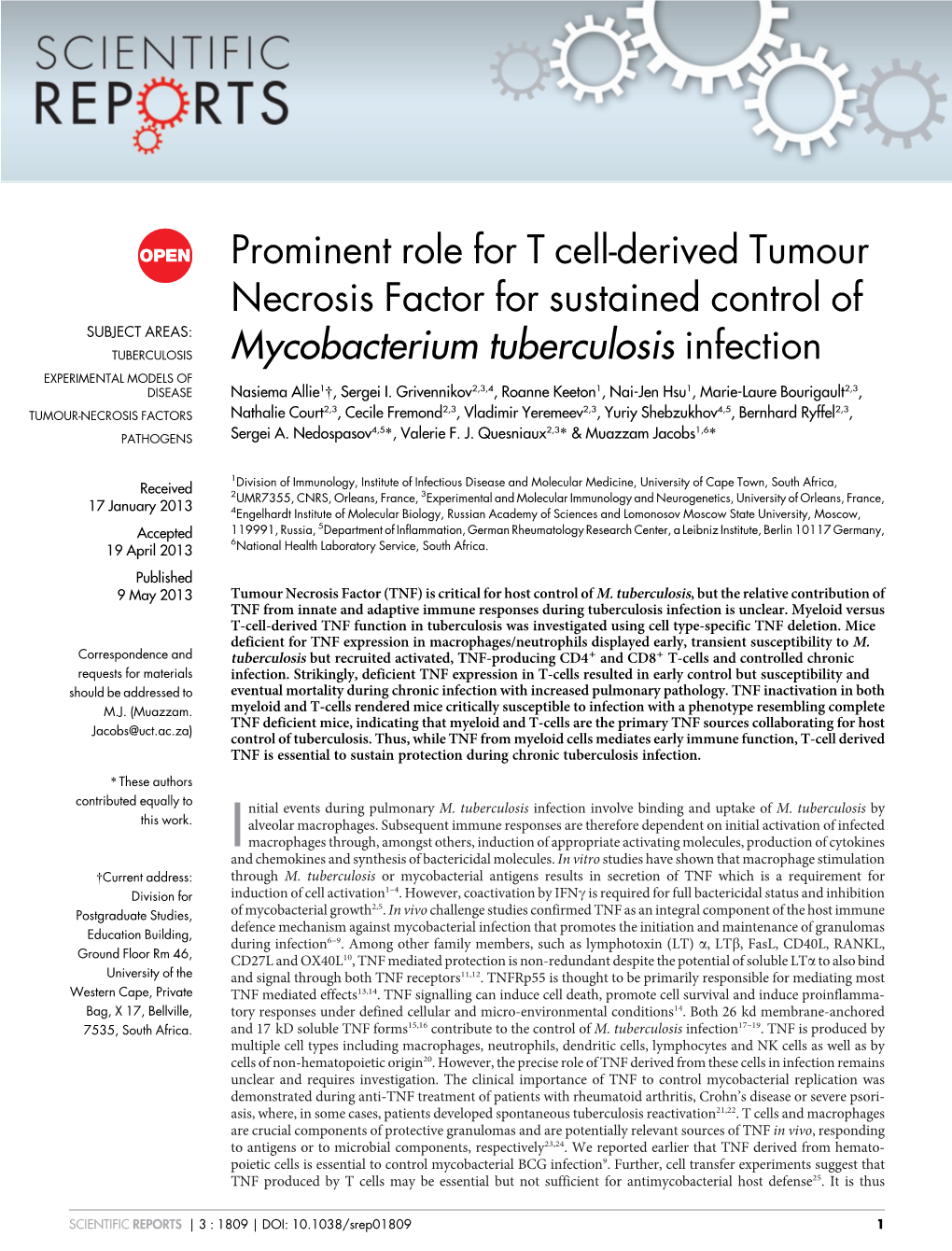 Prominent Role for T Cell-Derived Tumour Necrosis Factor for Sustained Control of Mycobacterium Tuberculosis Infection