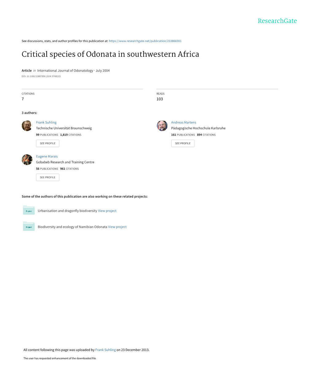 Critical Species of Odonata in Southwestern Africa.Pdf
