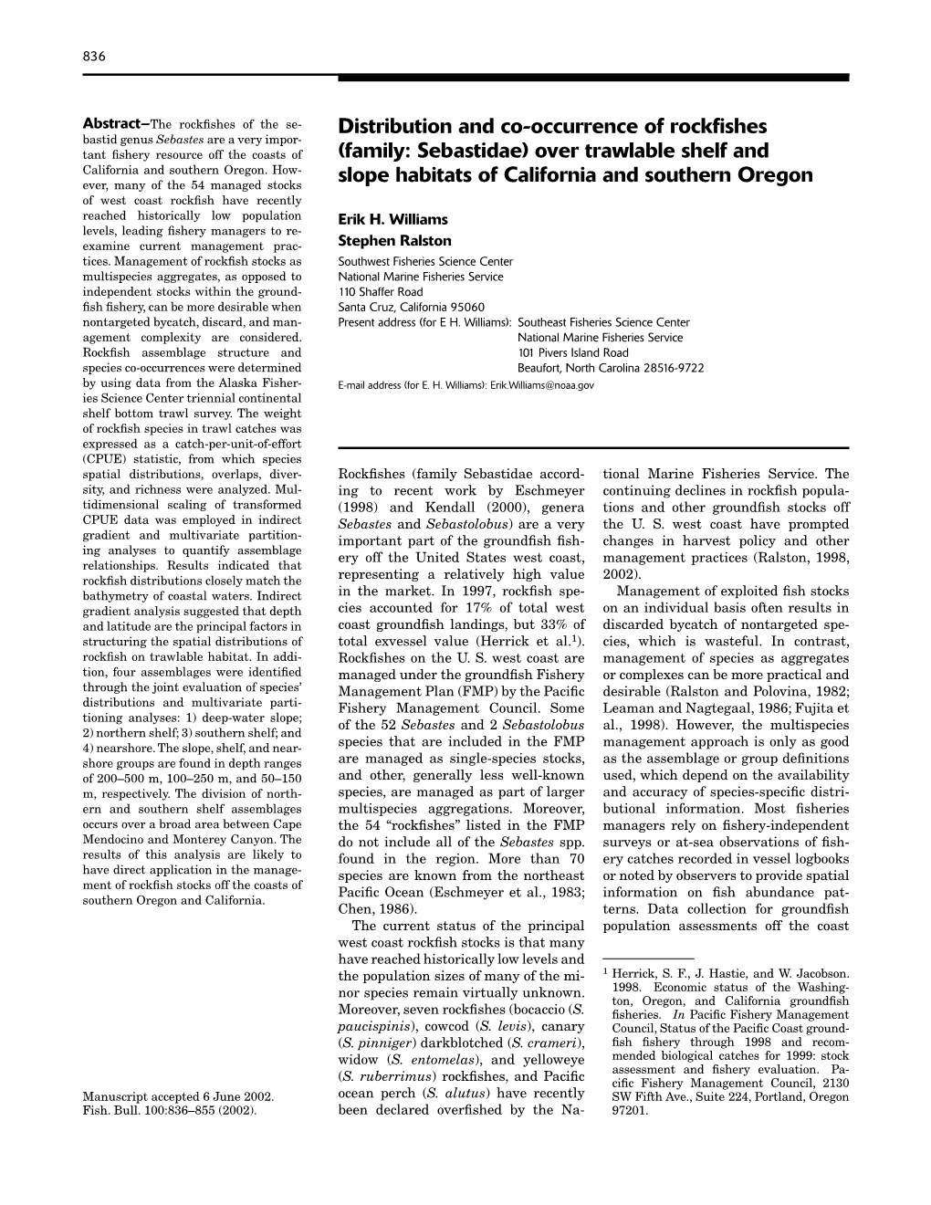 Distribution and Co-Occurrence of Rockfishes (Family: Sebastidae)