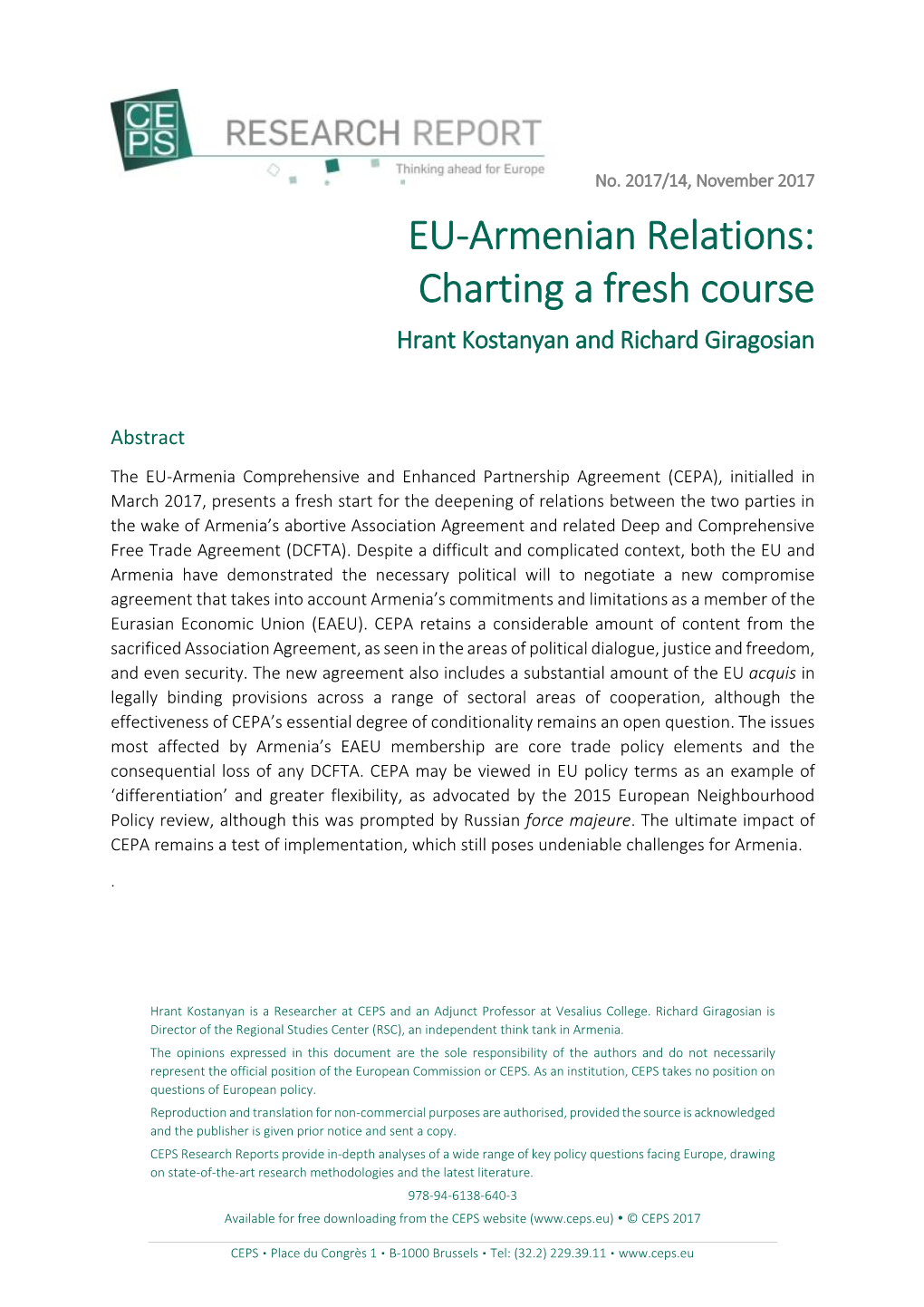 EU-Armenian Relations: Charting a Fresh Course Hrant Kostanyan and Richard Giragosian