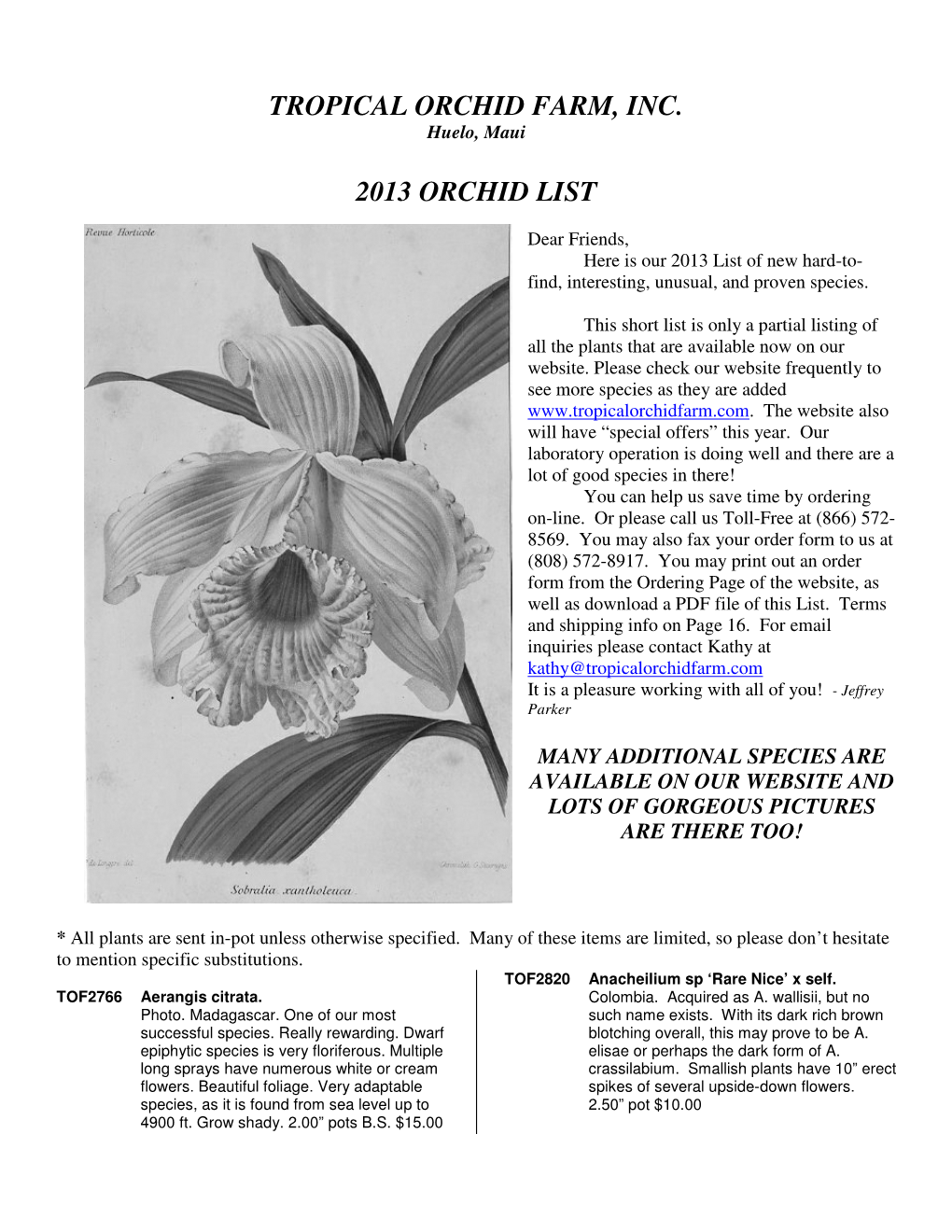 Tropical Orchid Farm, Inc. 2013 Orchid List