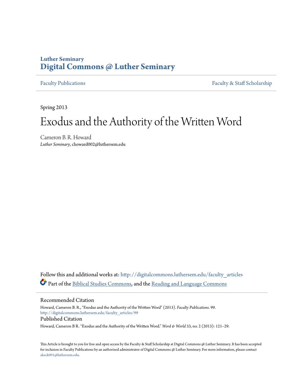 Exodus and the Authority of the Written Word Cameron B