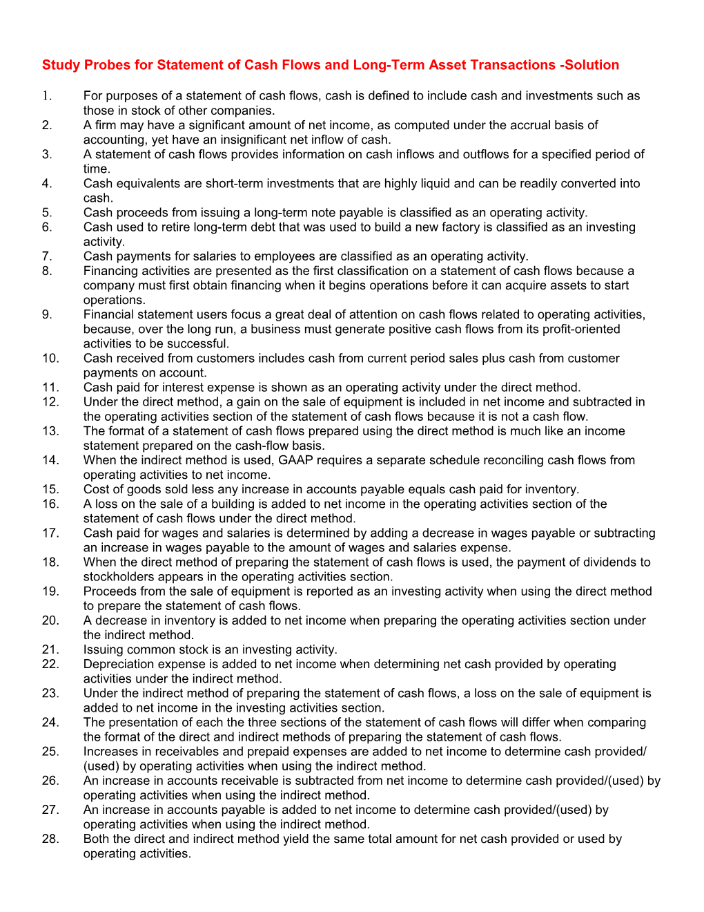 Study Probes for Statement of Cash Flows and Long-Term Asset Transactions -Solution