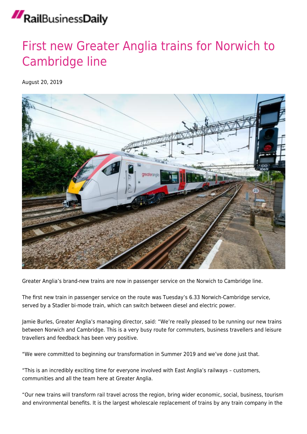 First New Greater Anglia Trains for Norwich to Cambridge Line