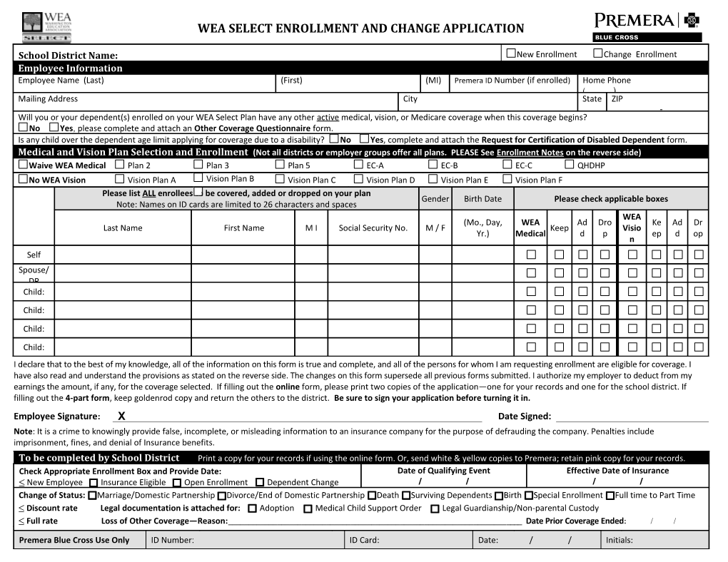 Wea Select Enrollment and Change Application