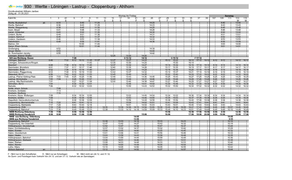 930 Werlte - Löningen - Lastrup - Cloppenburg - Ahlhorn Omnibusbetrieb Wilhelm Janßen Gültig Ab : 01.05.2021 Montag Bis Freitag Samstag Fahrt-Nr