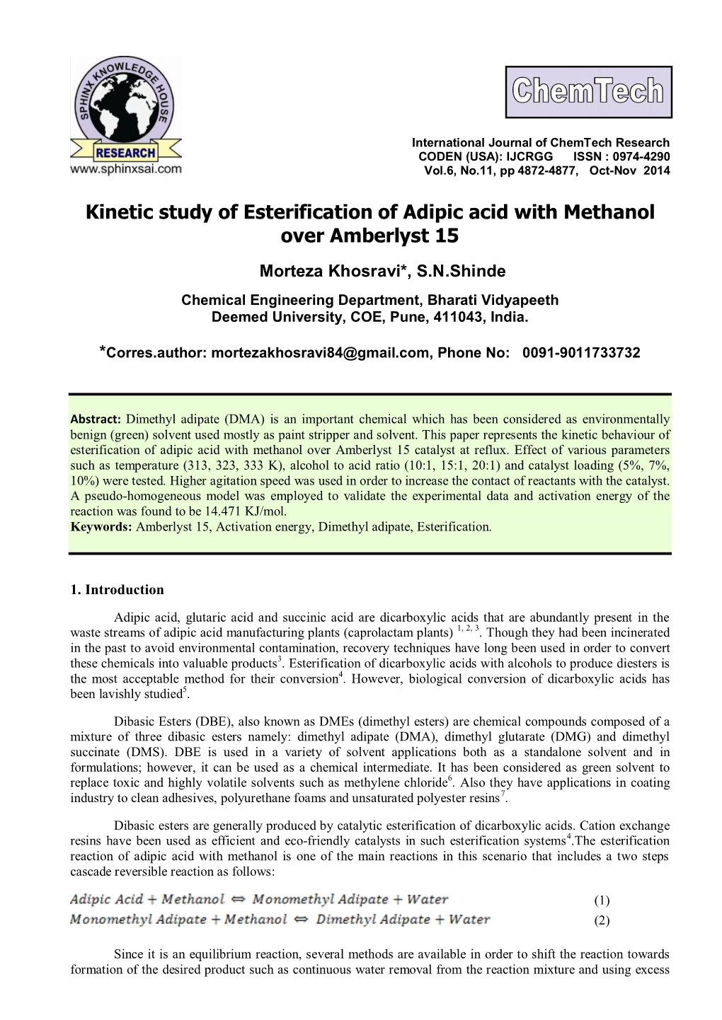 Kinetic Study of Esterification of Adipic Acid with Methanol Over Amberlyst 15