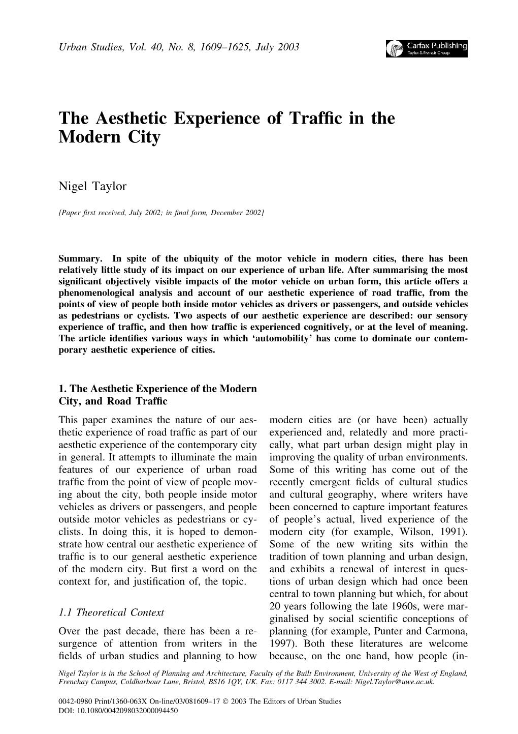 The Aesthetic Experience of Traffic in the Modern City