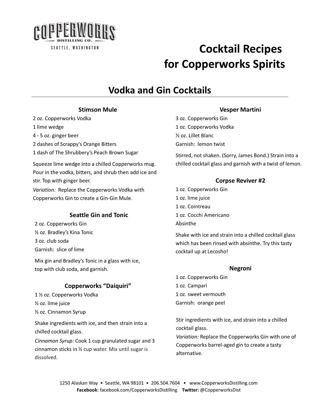 Cocktail Recipes for Copperworks Spirits