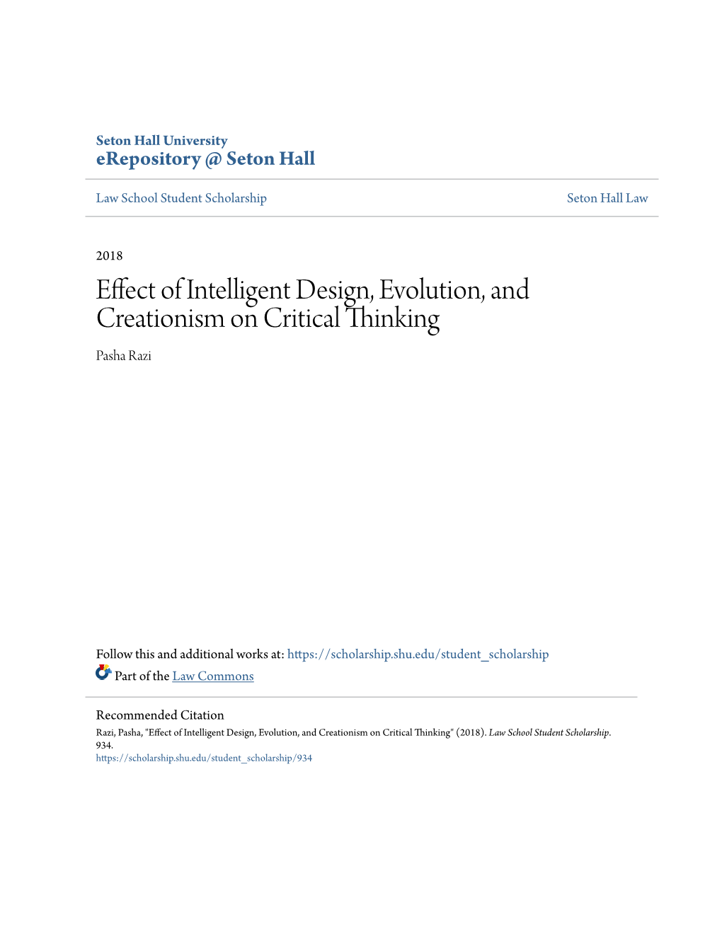 Effect of Intelligent Design, Evolution, and Creationism on Critical Thinking Pasha Razi