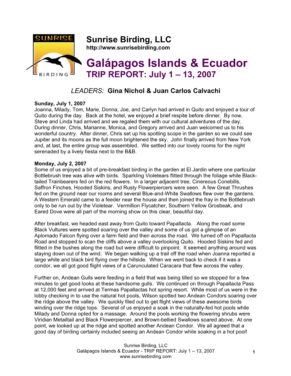 Galápagos Islands & Ecuador TRIP REPORT