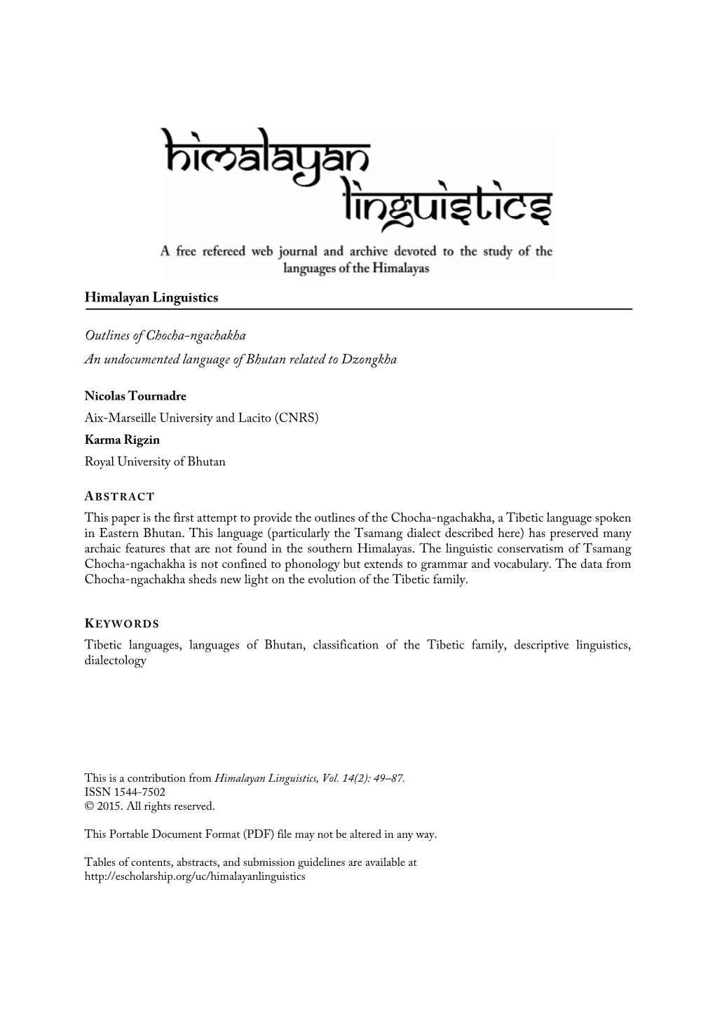 Himalayan Linguistics Outlines of Chocha-Ngachakha an Undocumented Language of Bhutan Related to Dzongkha