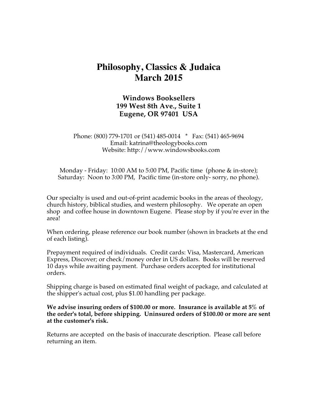 Philosophy, Classics & Judaica, March 2015