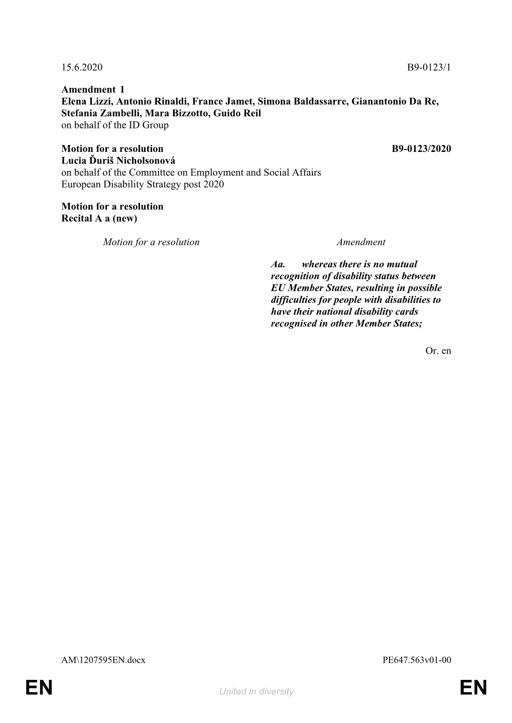 15.6.2020 B9-0123/1 Amendment 1 Elena Lizzi, Antonio Rinaldi, France