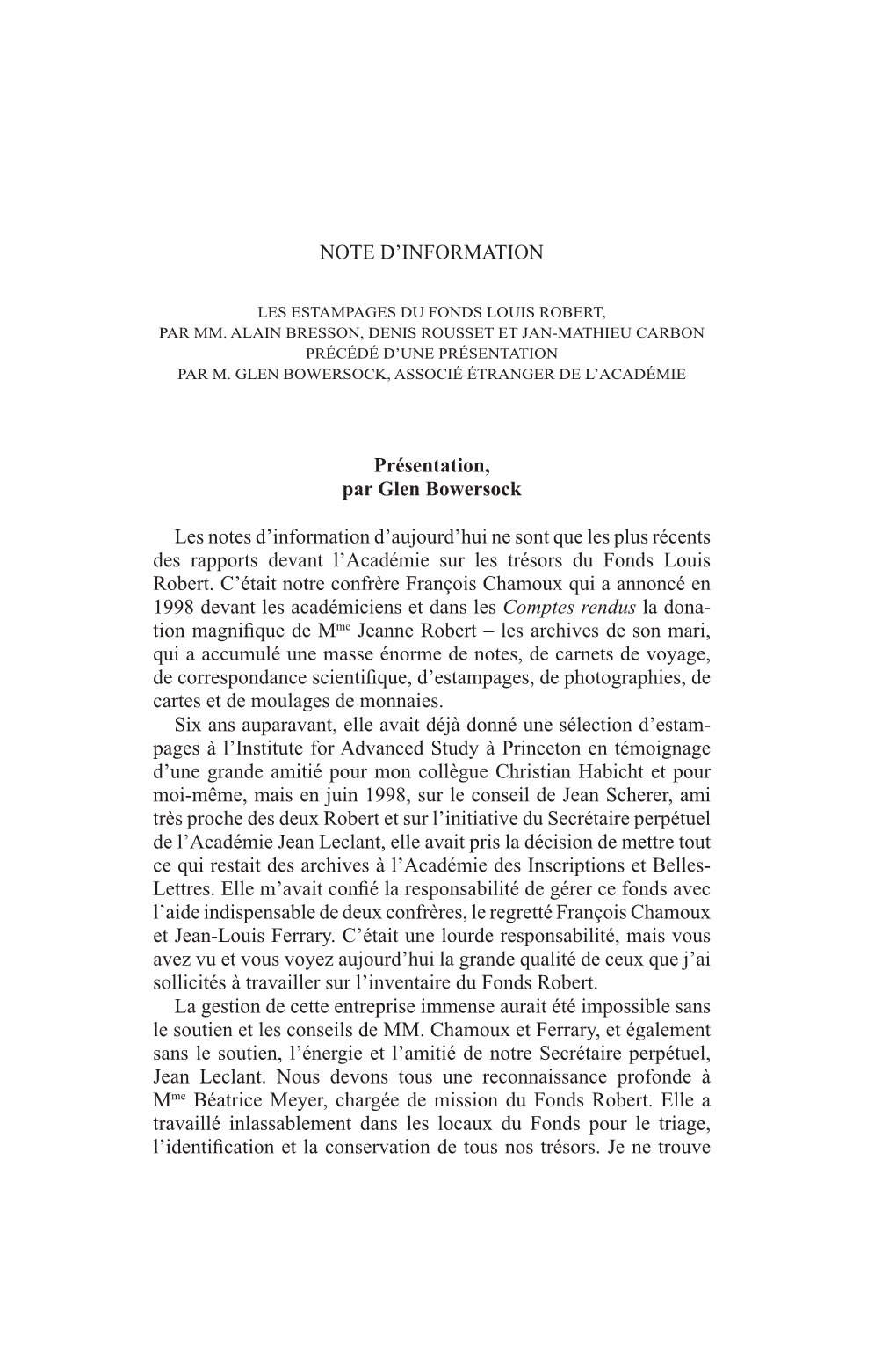 NOTE D'information Présentation, Par Glen Bowersock Les Notes D'information D'aujourd'hui Ne Sont Que Les Plus Récents