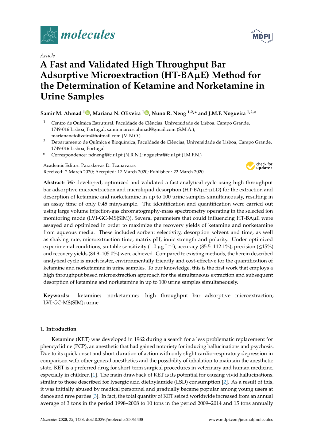 A Fast and Validated High Throughput Bar Adsorptive Microextraction (HT-Baµe) Method for the Determination of Ketamine and Norketamine in Urine Samples