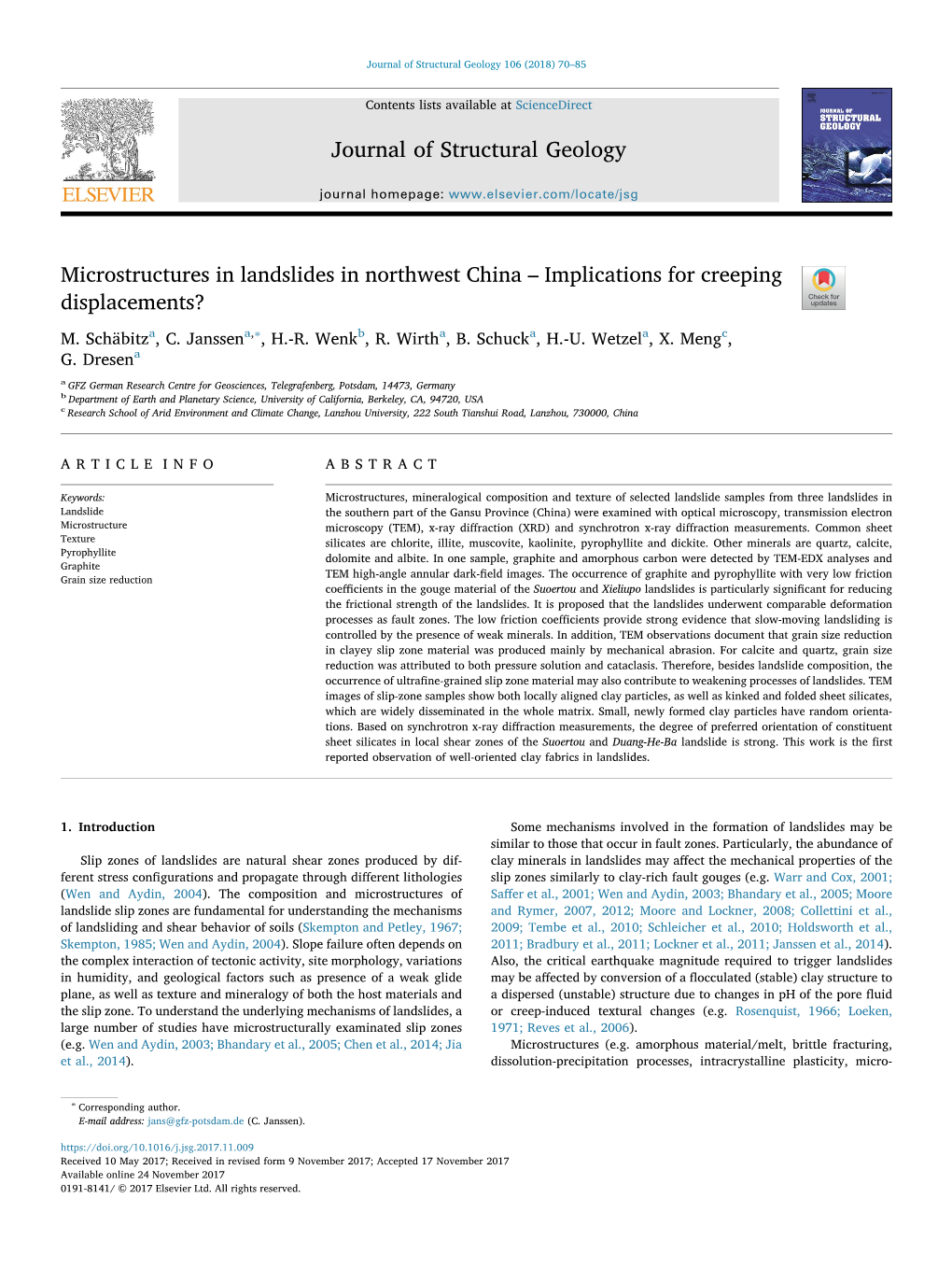 Microstructures in Landslides in Northwest China – Implications for Creeping T Displacements?