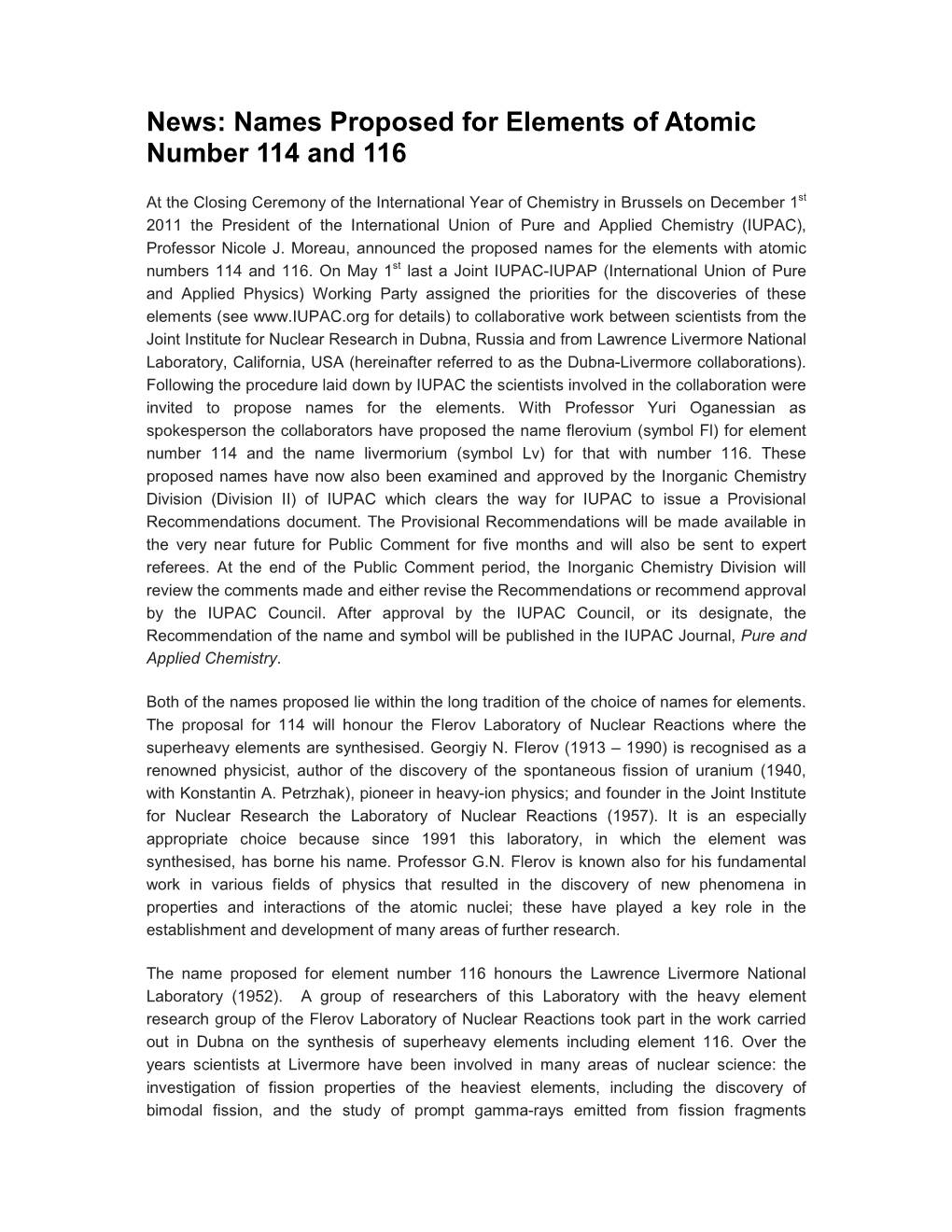 News: Names Proposed for Elements of Atomic Number 114 and 116