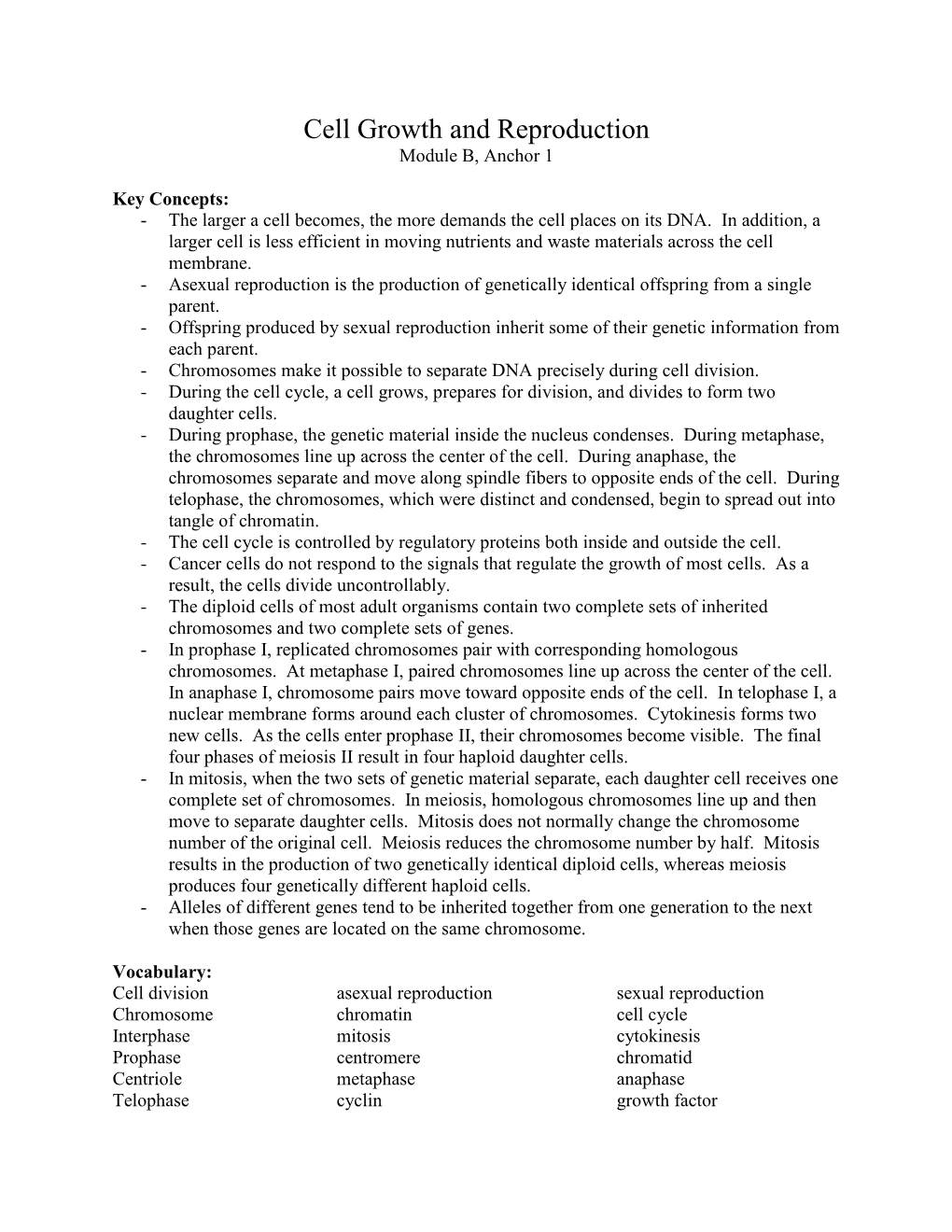 Cell Growth and Reproduction Module B, Anchor 1