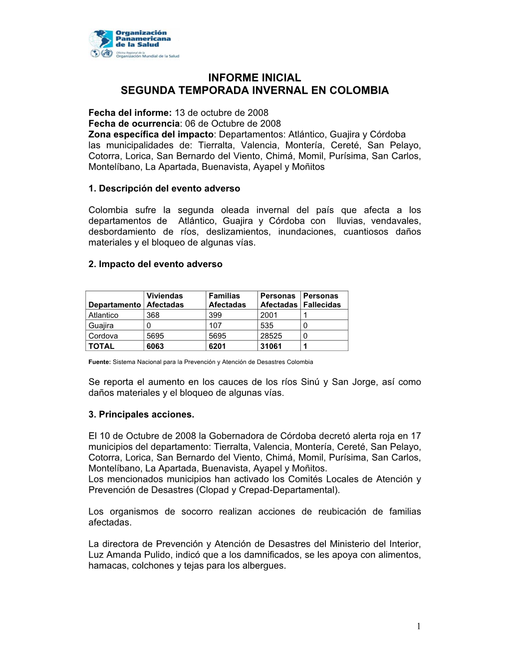 Informe Inicial Segunda Temporada Invernal En Colombia