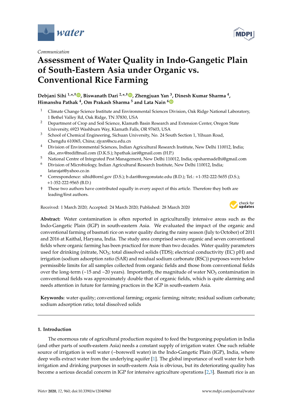 Assessment of Water Quality in Indo-Gangetic Plain of South-Eastern Asia Under Organic Vs