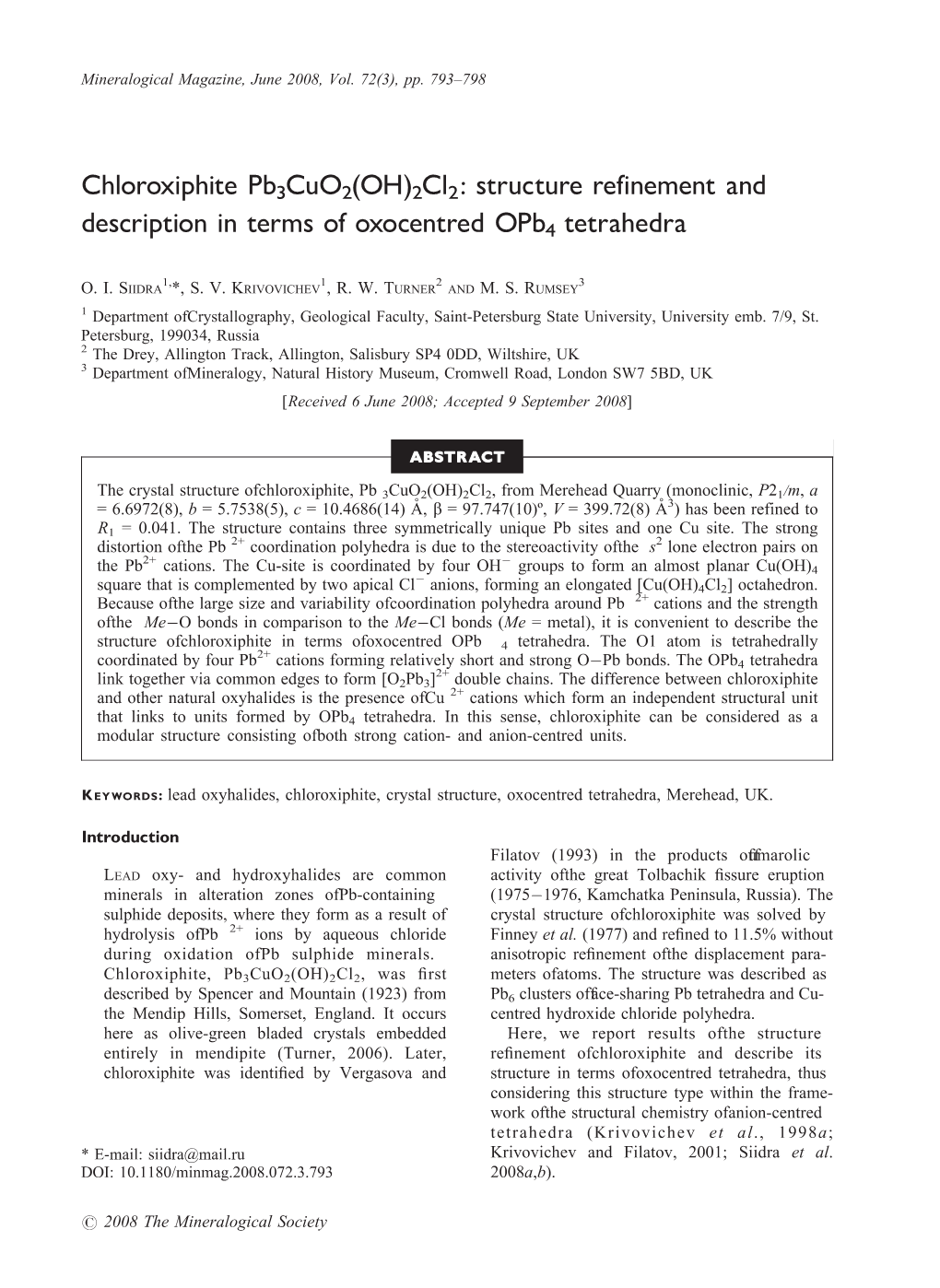 Chloroxiphite Pb3cuo2(OH)2Cl2: Structure Refinement and Description in Terms of Oxocentred Opb4 Tetrahedra