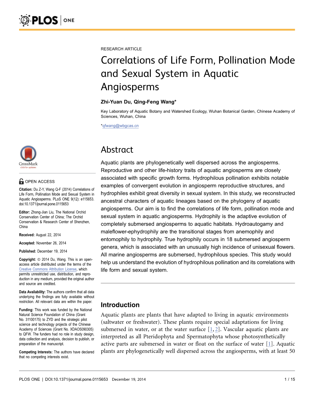 Correlations of Life Form, Pollination Mode and Sexual System in Aquatic Angiosperms