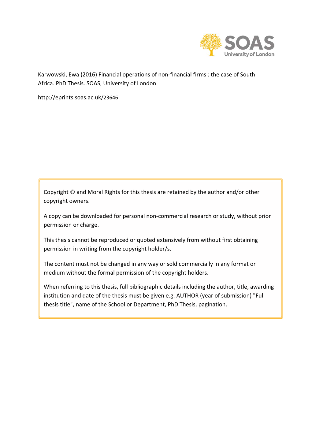 Karwowski, Ewa (2016) Financial Operations of Non-Financial Firms : the Case of South Africa