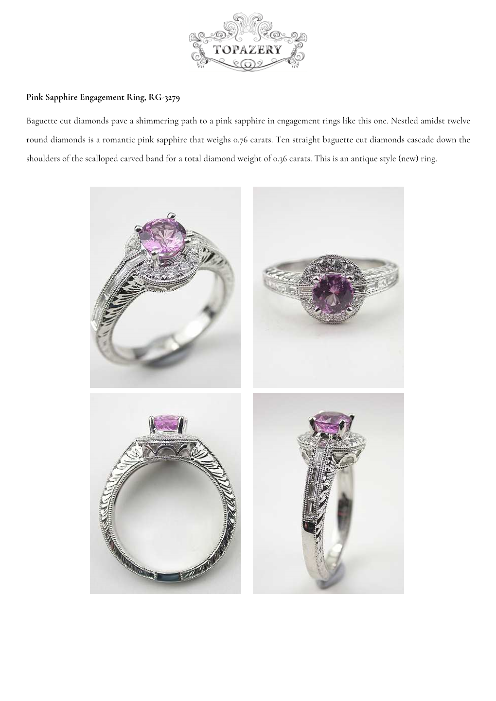 Pink Sapphire Engagement Ring, RG-3279 Baguette Cut Diamonds