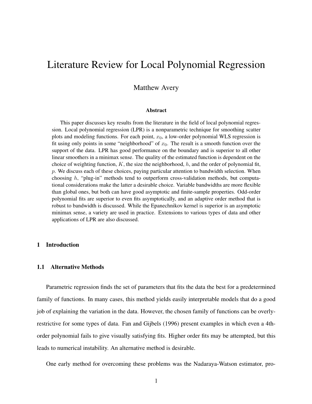 Literature Review for Local Polynomial Regression